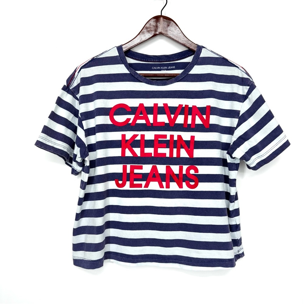 CALVIN KLEIN JEANS Blue Off White Striped Oversized Short Sleeve Crewneck Tee